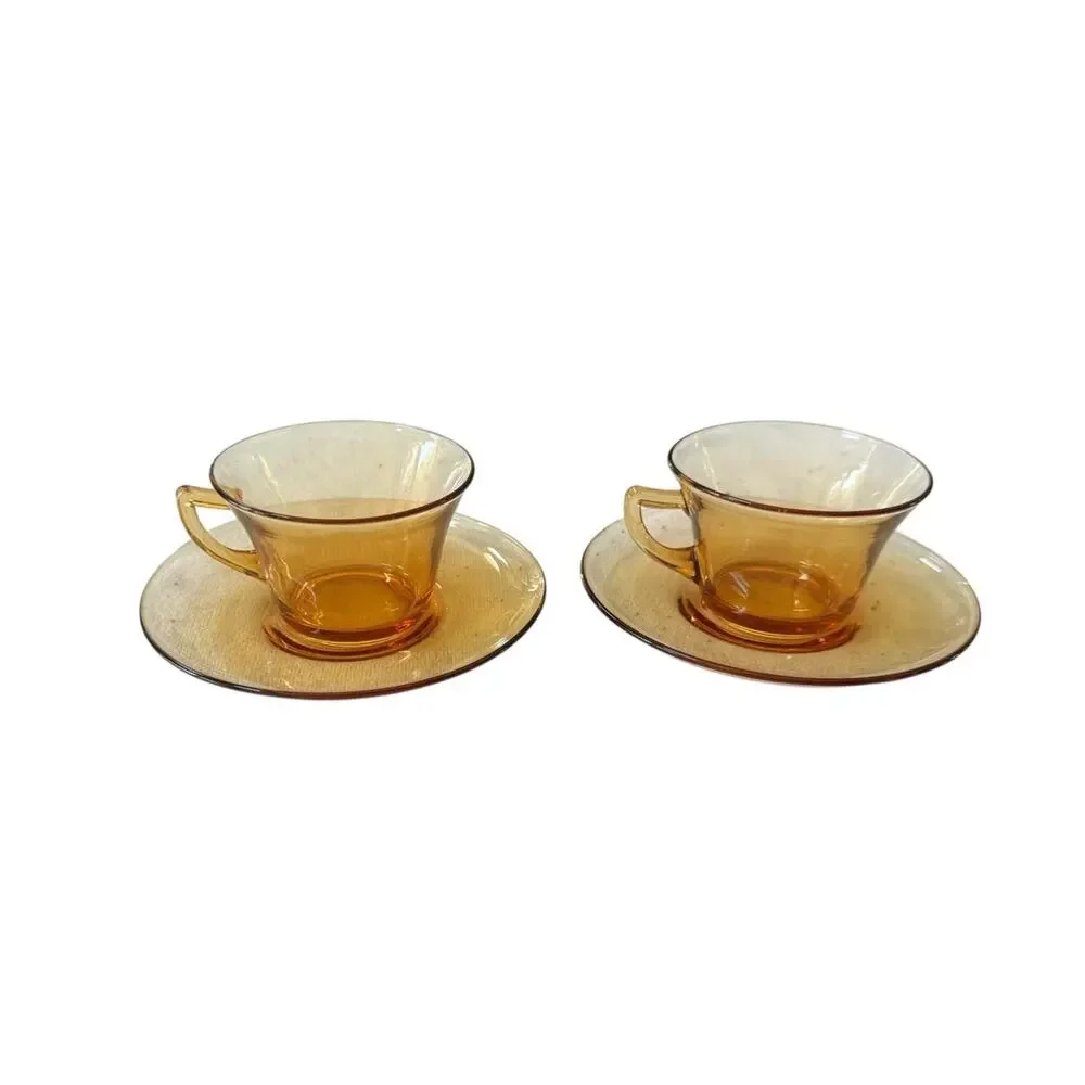 Cambridge Glass Amber Cup & Saucer Set (2 Each) VTG Elegant Tea Coffee Entertain